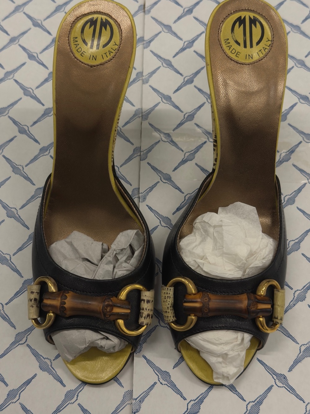 Made in Italy Black Leather Slide Heels with Bamboo Accent